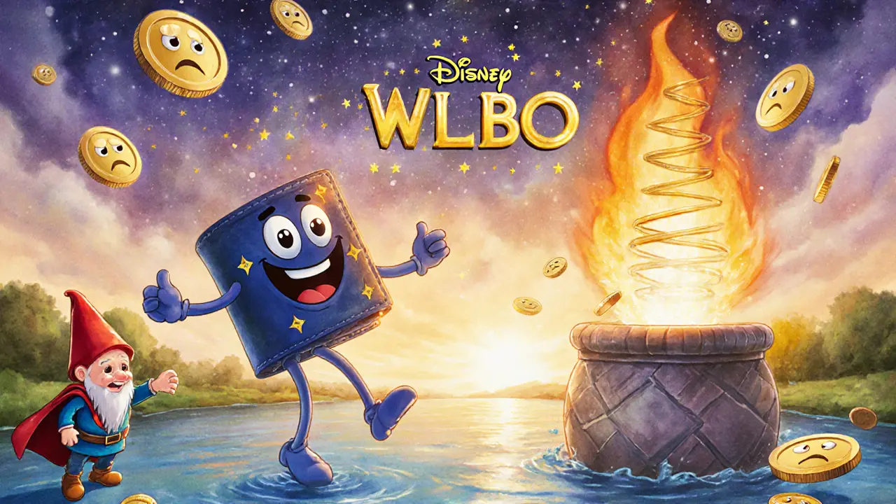 A dancing wallet collects reward coins on a blockchain river while a charity gnome donates and tokens burn into stars.