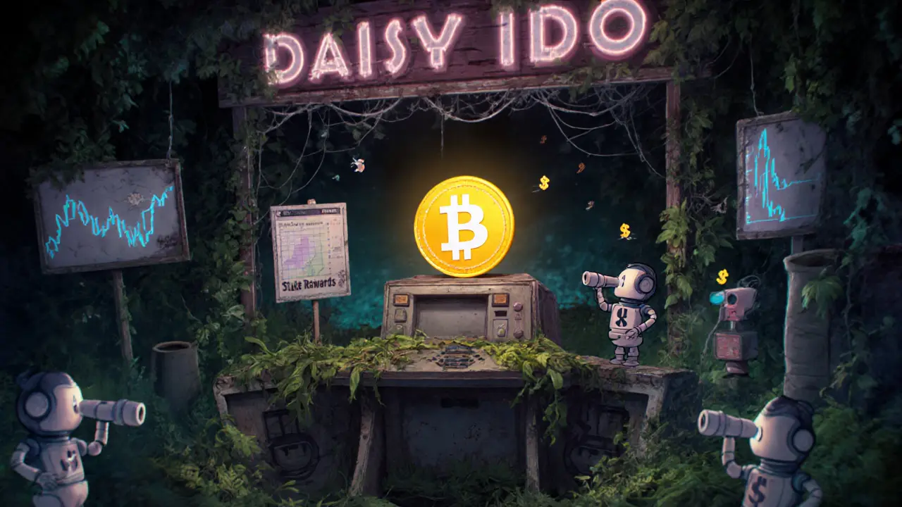 A faded, overgrown digital launchpad with a lonely Daisy token surrounded by idle trading bots.