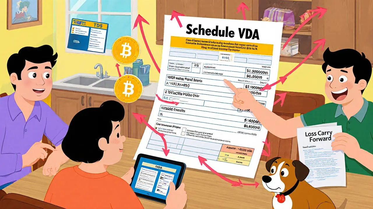 A family at home struggles with crypto taxes, surrounded by blockchain records and a giant tax form.