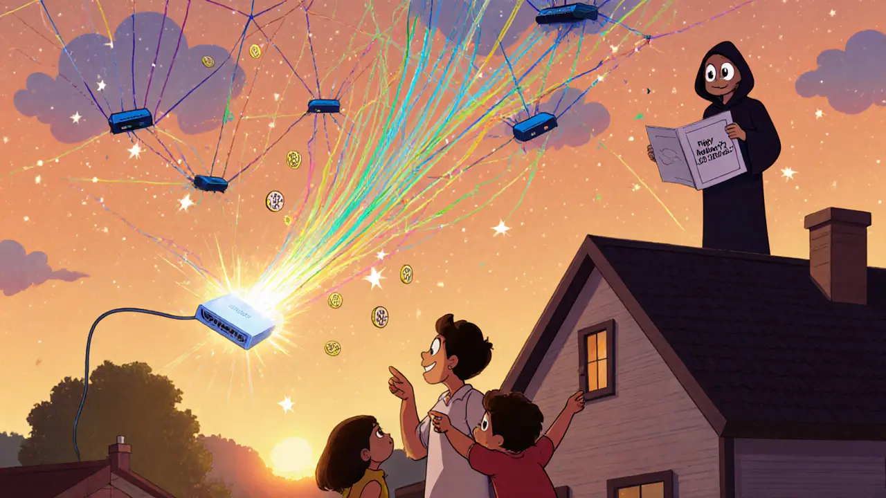 A family plugs in a Skywire device as data streams turn into floating clouds and SKY tokens rain like fireflies in a magical neighborhood.