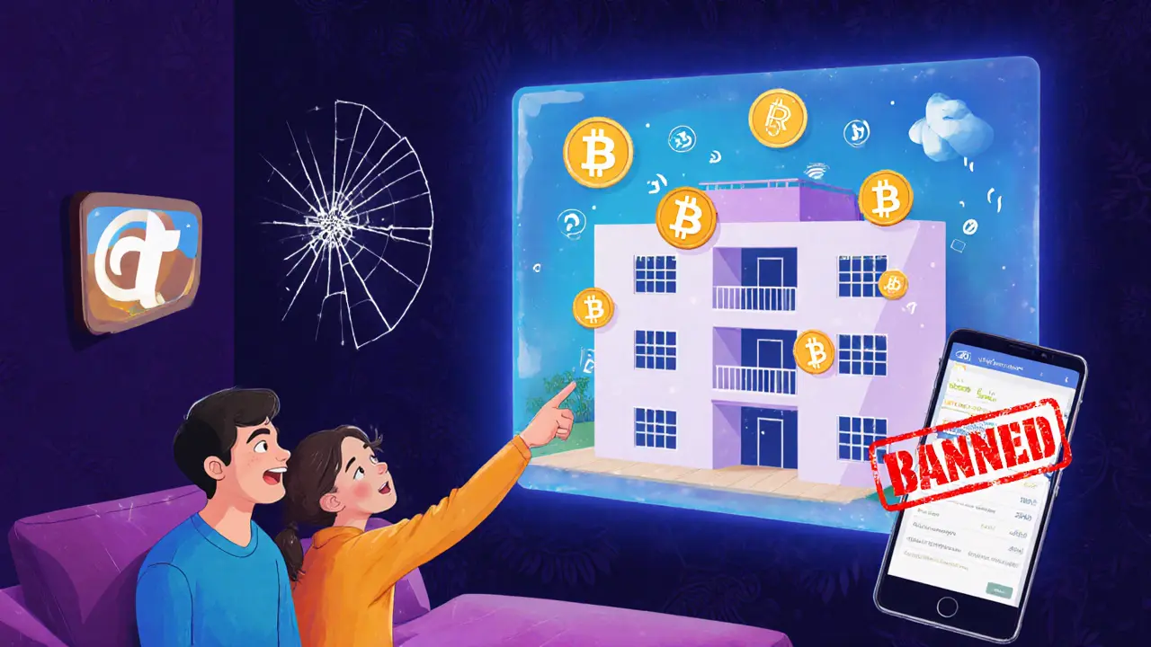 A family watches a hologram of tokenized property income, while a banned crypto app is visibly cracked and marked &#039;BANNED&#039;.