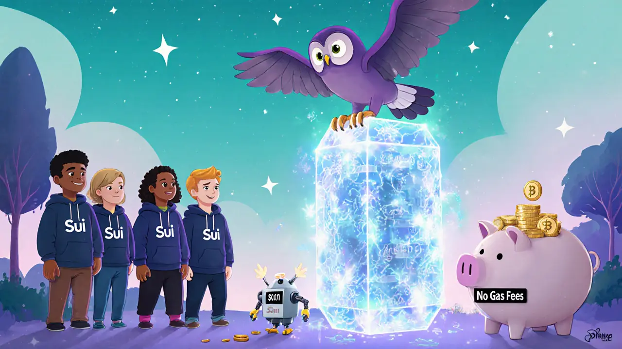 A friendly owl mascot matching crypto orders on a crystalline blockchain book, with tiny robots dropping low-fee coins.