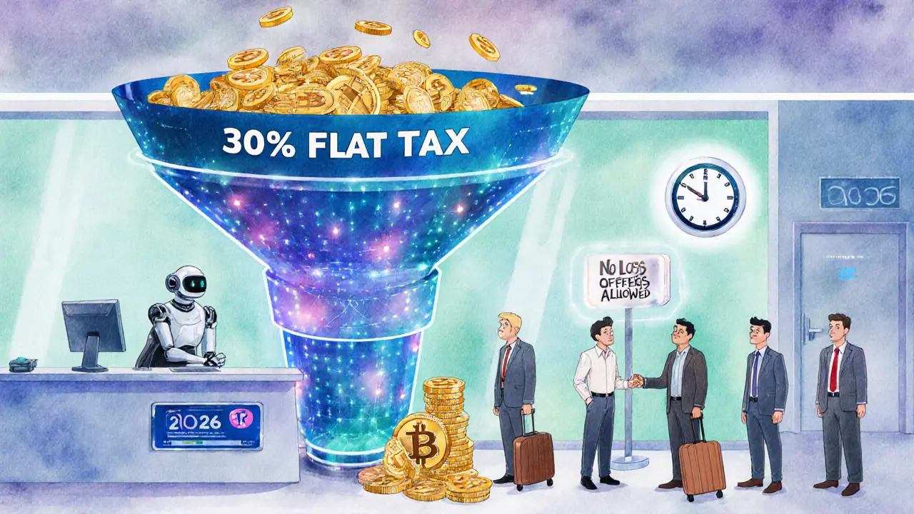 A futuristic Indian tax office processes crypto assets through a giant funnel labeled &#039;30% Flat Tax&#039;.
