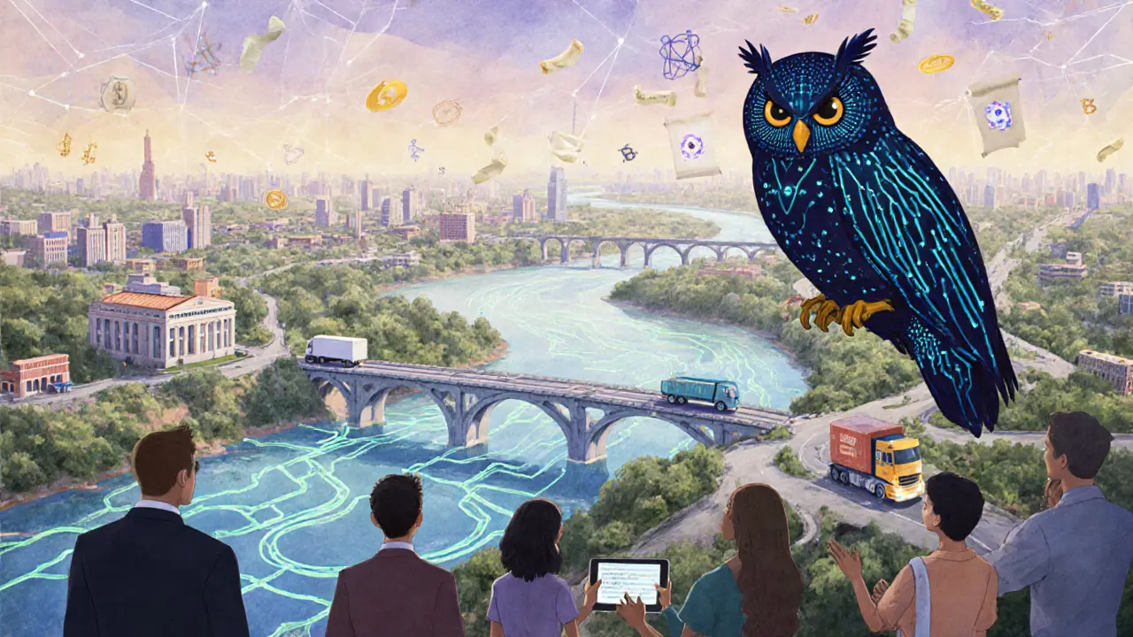 A global network of glowing rivers and bridges with AI owl guiding consensus, connecting banks and hospitals with ZK-proofs.