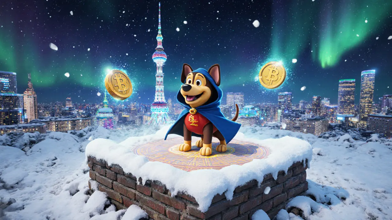 A heroic dog NFT stands on virtual land amid festive AR cityscapes, with real 2026 features glowing and scam sites crumbling below.