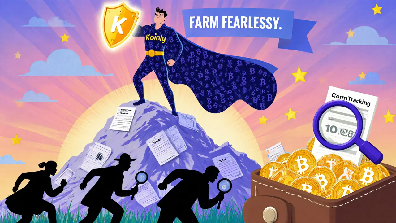 A heroic figure standing on tax forms with crypto shield, defeating IRS agents while tokens float like stars.
