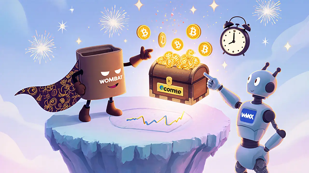 A heroic wallet character reaching for WMX tokens beside a CoinMarketCap robot.