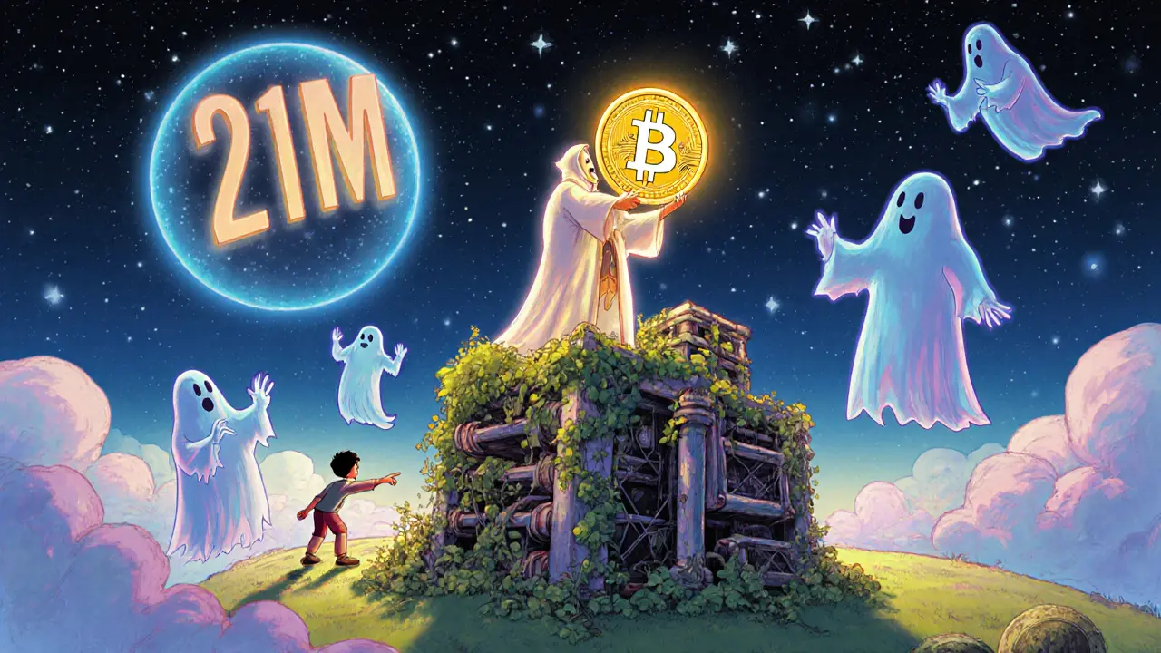 A lone validator holds a glowing fee coin at the end of time, with ancient mining gear and stars forming the number 21M.