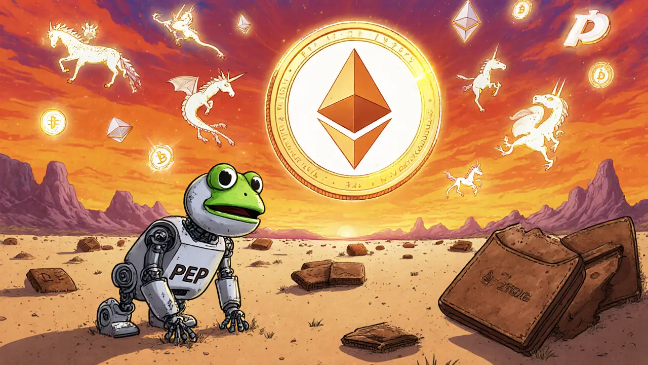 A lonely PEP robot in a desert while a glowing PEPE coin soars above in a vibrant Ethereum sky.