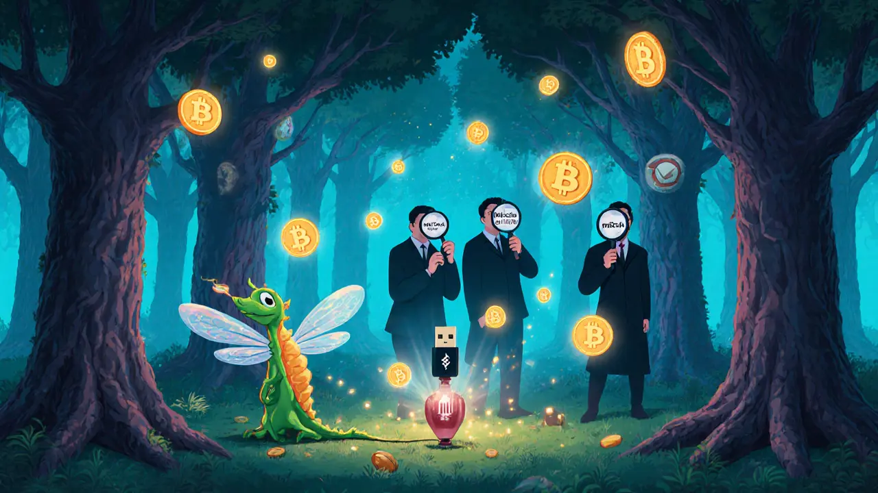 A magical DEX forest with floating tokens and a user connecting via a glowing dragonfly wallet.