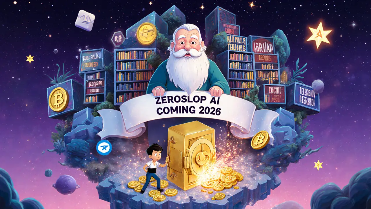 A magical library of crypto knowledge guarded by a wise AI sage, with tokens burning into sparkles.