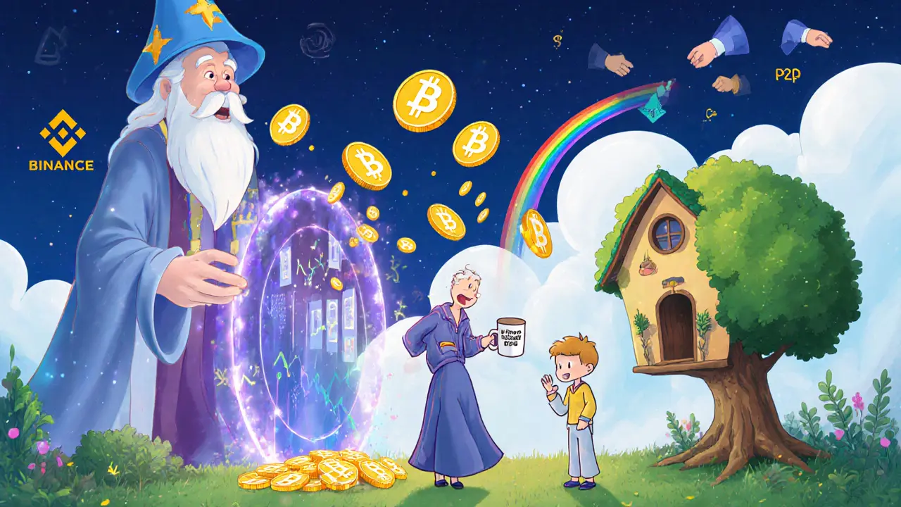A magical wizard using a flash loan to transfer Bitcoin between a tower and treehouse exchange.