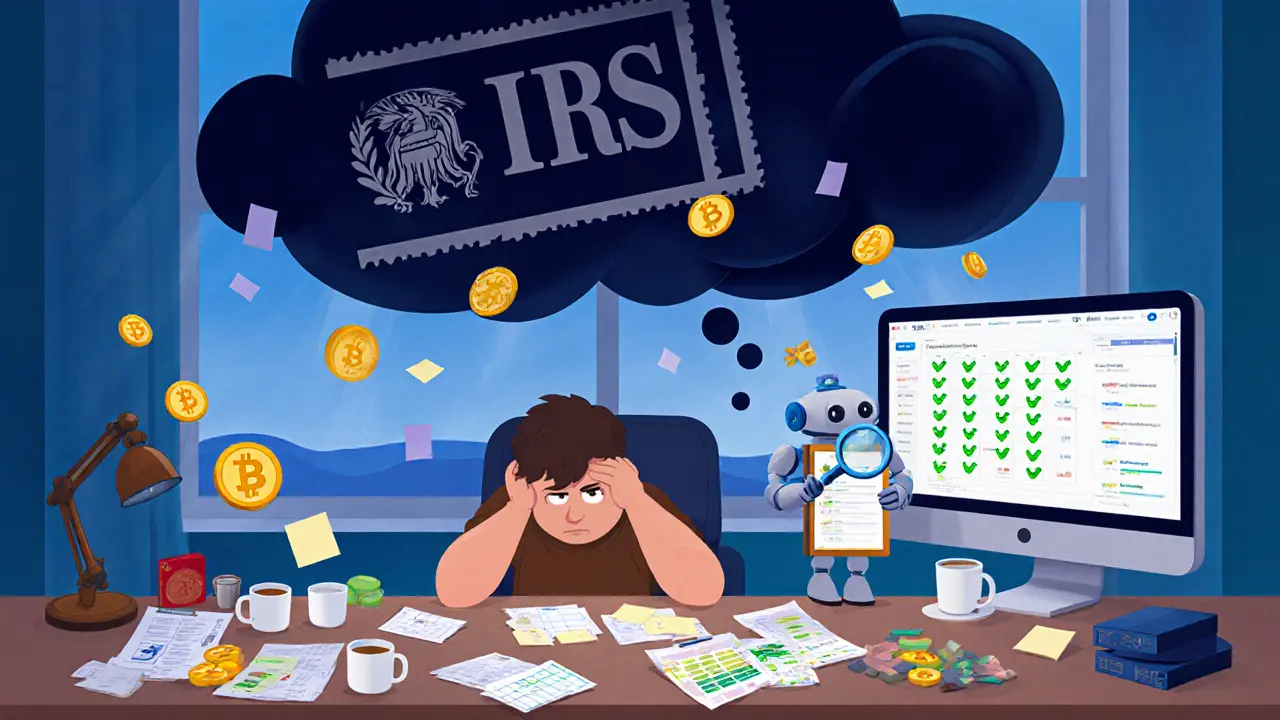 A person overwhelmed by crypto transactions, aided by a helpful robot, with IRS stamp looming overhead.