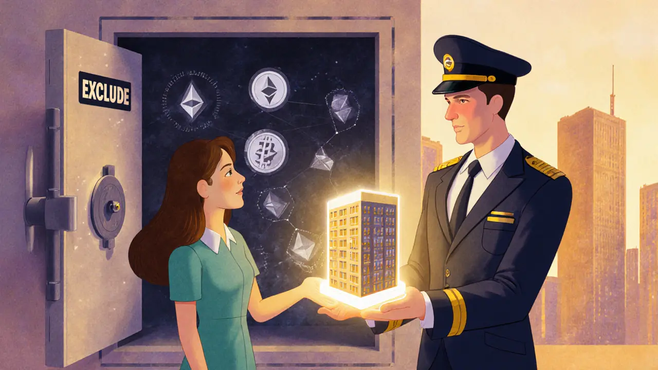 A QFCRA agent gives a digital real estate token to an investor, as banned crypto coins are locked away in a vault.