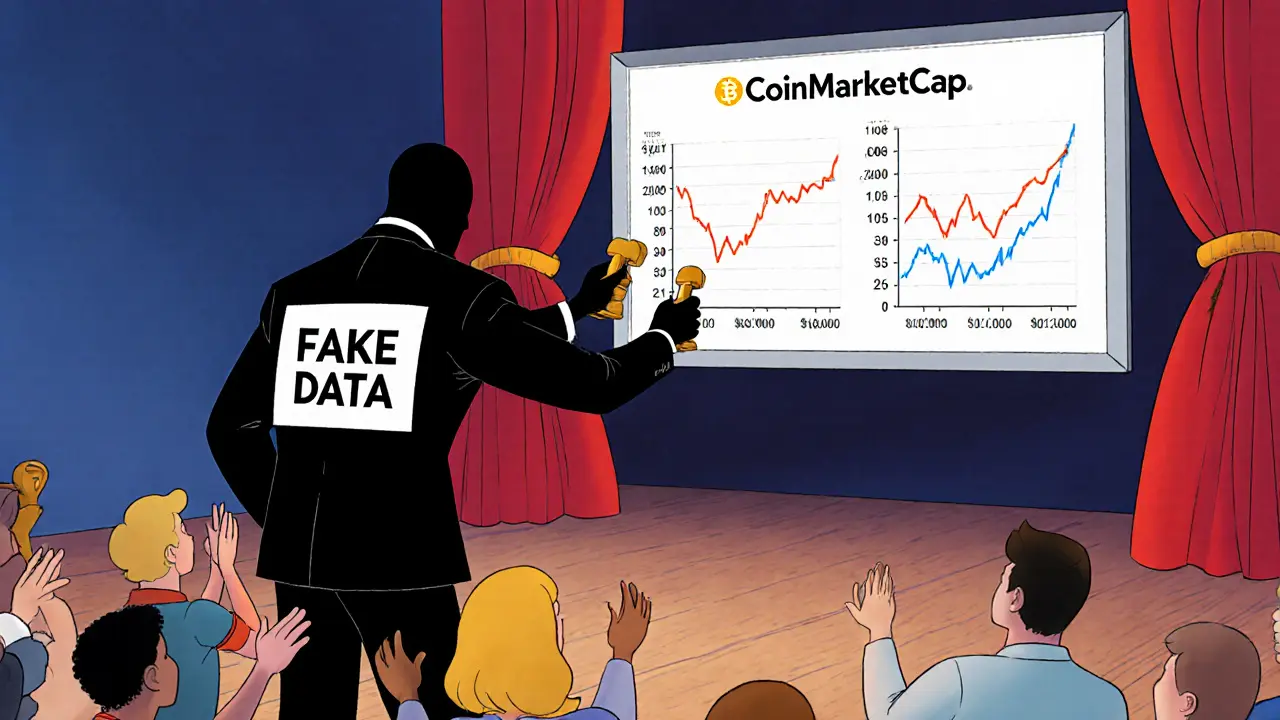 A shadowy figure manipulates fake crypto data while hopeful investors cheer, unaware the stage has no floor.