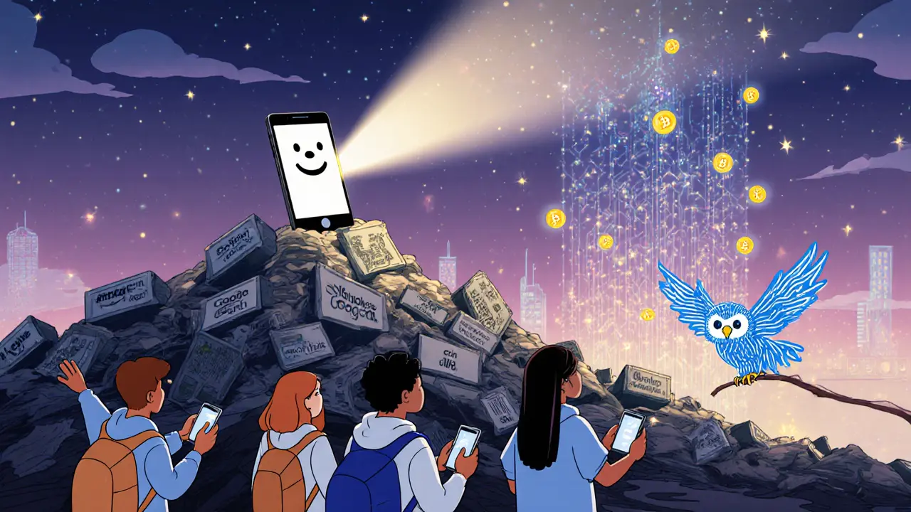A smartphone beams light toward a new decentralized internet skyline, replacing centralized servers, as users cheer under a starry sky.