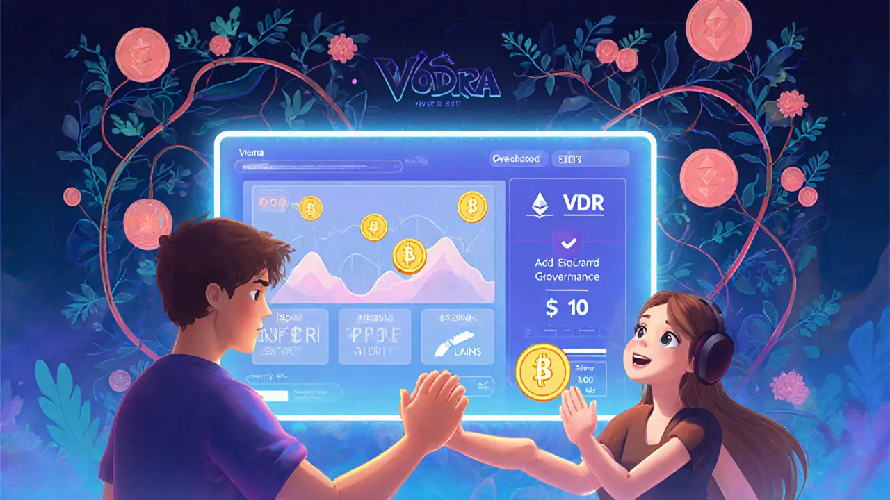 A streaming dashboard showing VDR earnings and tips, with Ethereum and Solana chains as vines, illustrated in Disney style.