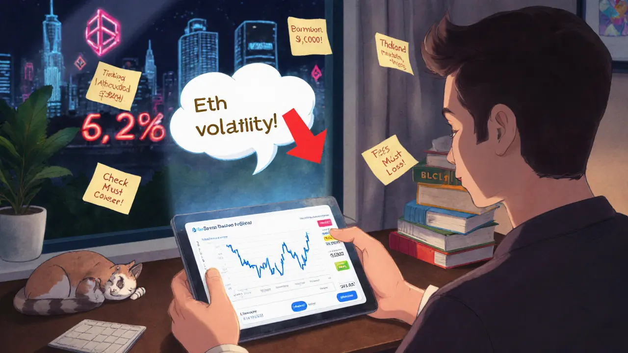 A trader examining a holographic impermanent loss chart on a tablet, with floating tips and a cat nearby in a cozy room.