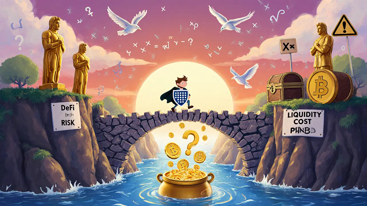 A whimsical landscape of a risk river between holding and liquidity pool cliffs, with a hero crossing a formula bridge in Disney storybook style.