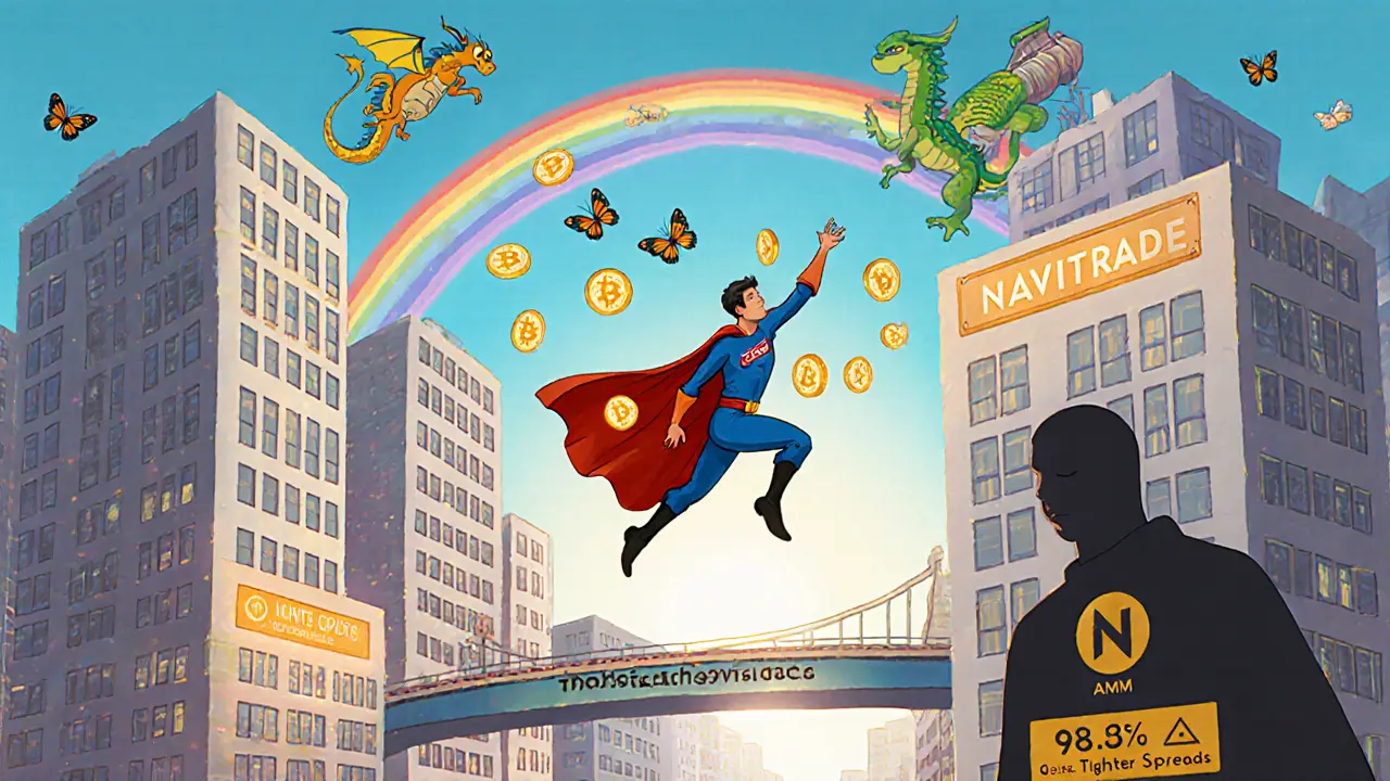 A whimsical Sui city with order book buildings and a trader leaping between platforms, surrounded by token butterflies.