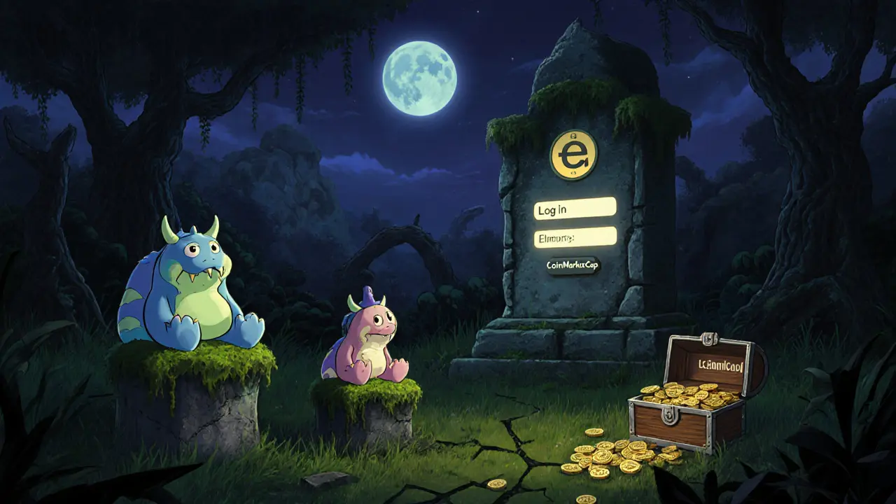 Abandoned Elemon NFTs in a silent, overgrown digital game world under moonlight.