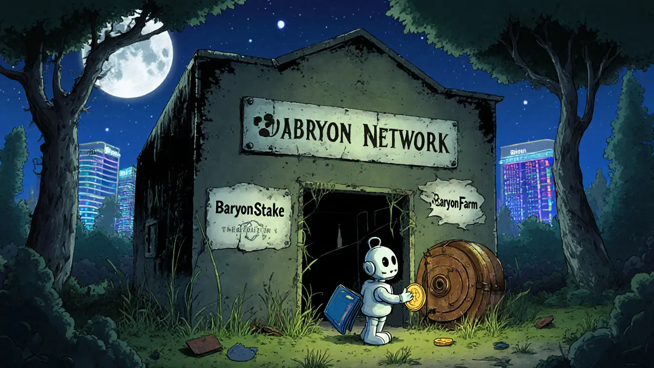 An abandoned digital DEX building is overgrown with weeds, while a lonely robot tries to deposit a coin into an empty vault.