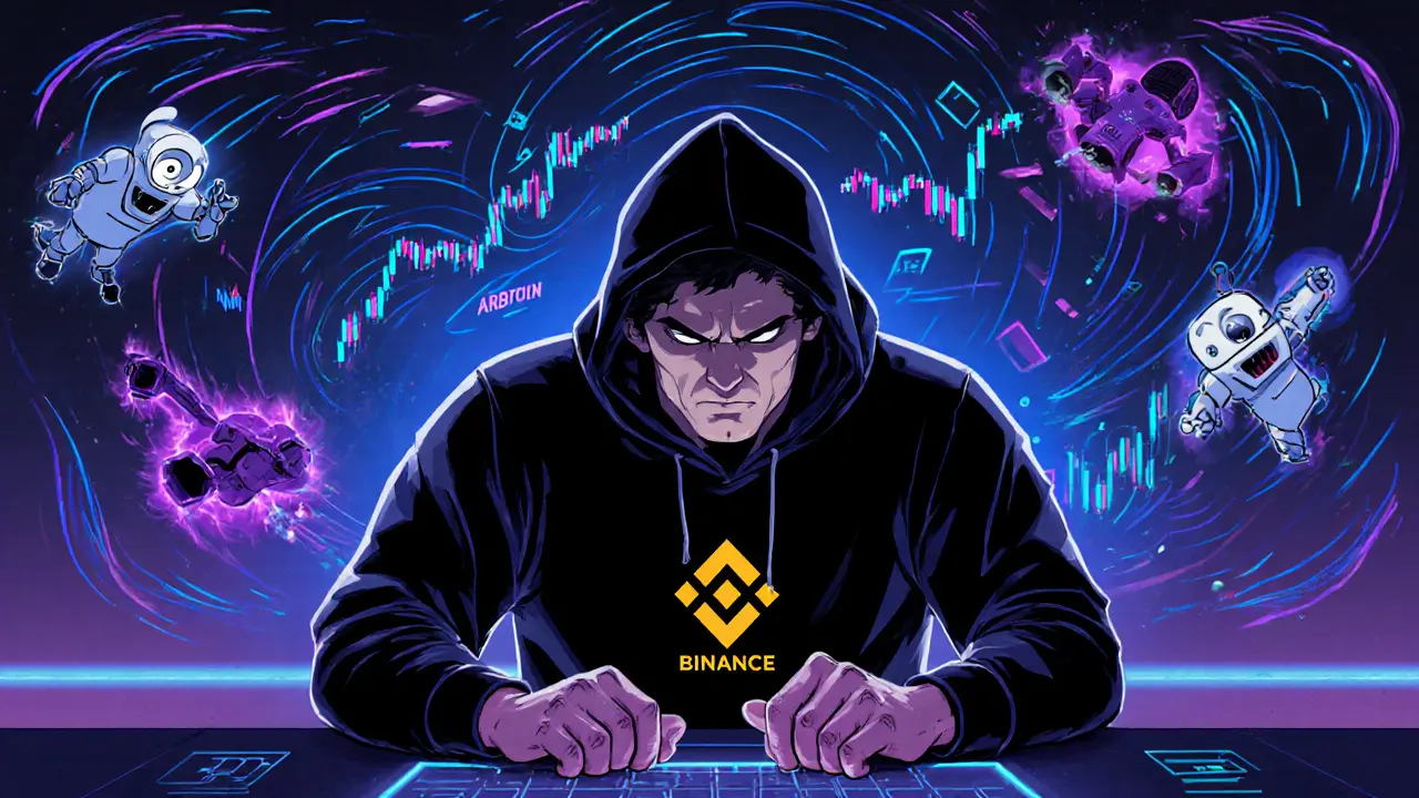 An advanced trader surrounded by animated trading charts and bots in a high-tech Binance interface.