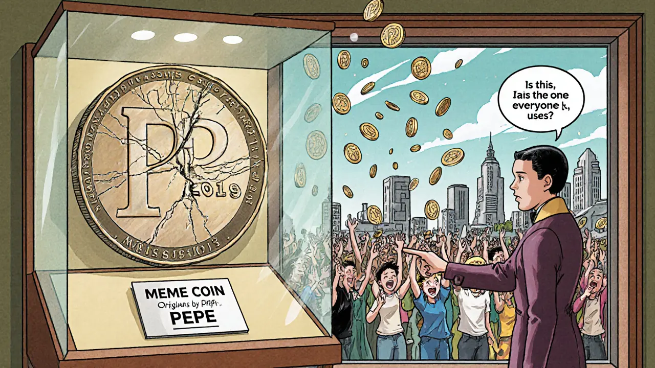 An antique PEP coin displayed in a museum as PEPE coins rain down outside the window.
