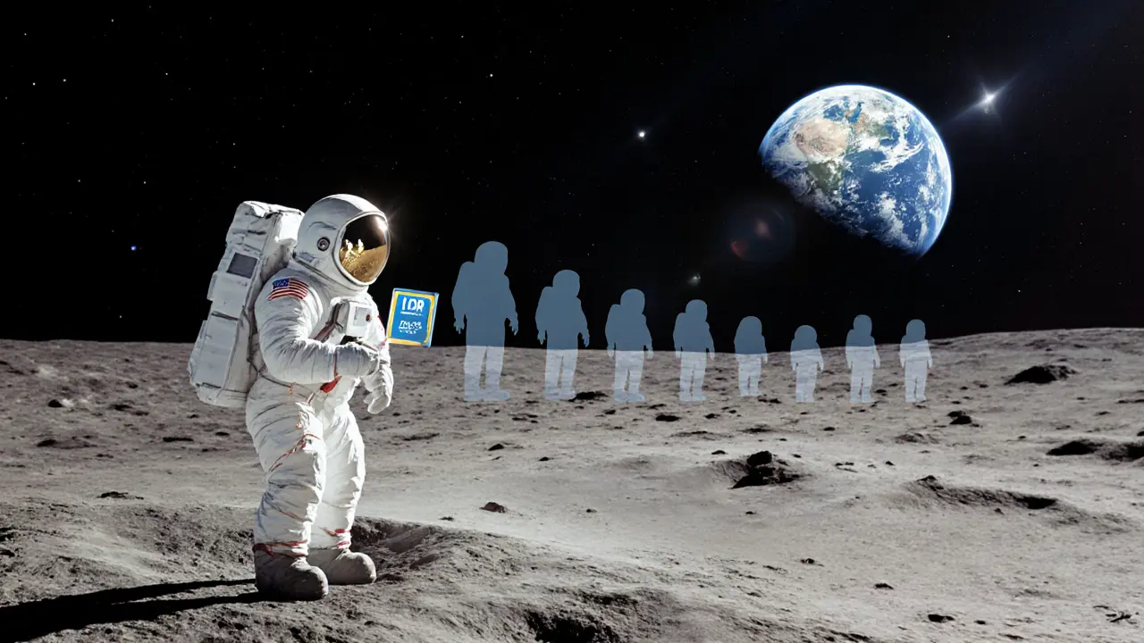 An astronaut on the Moon holding a single NFT as 139 faint NFT silhouettes fade into cosmic dust behind them.