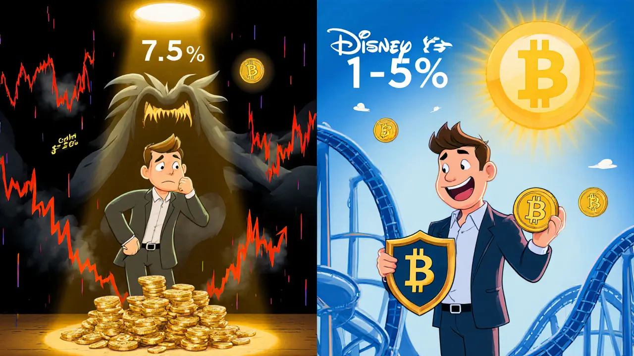 An investor torn between calm 3% Bitcoin and chaotic high-allocation panic, illustrated in Disney cartoon style.