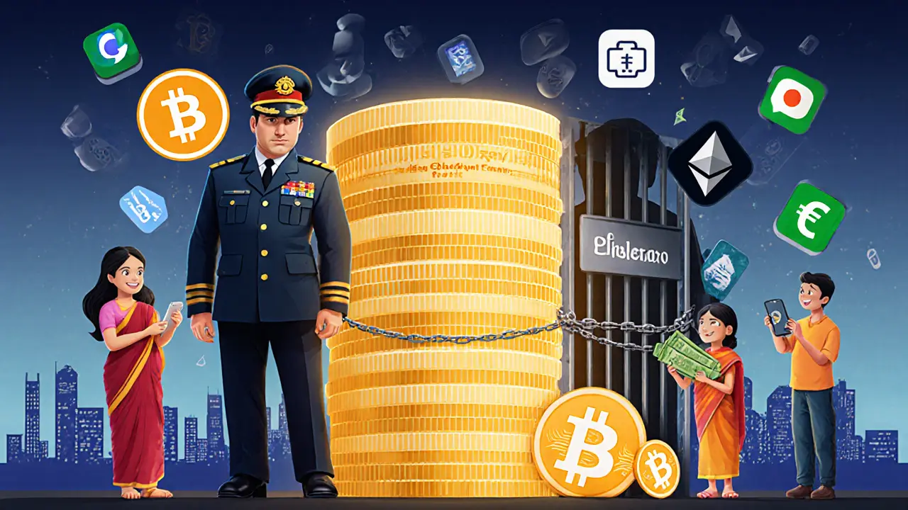 Bangladesh Bank official blocking crypto while promoting mobile remittances with glowing digital ledger.