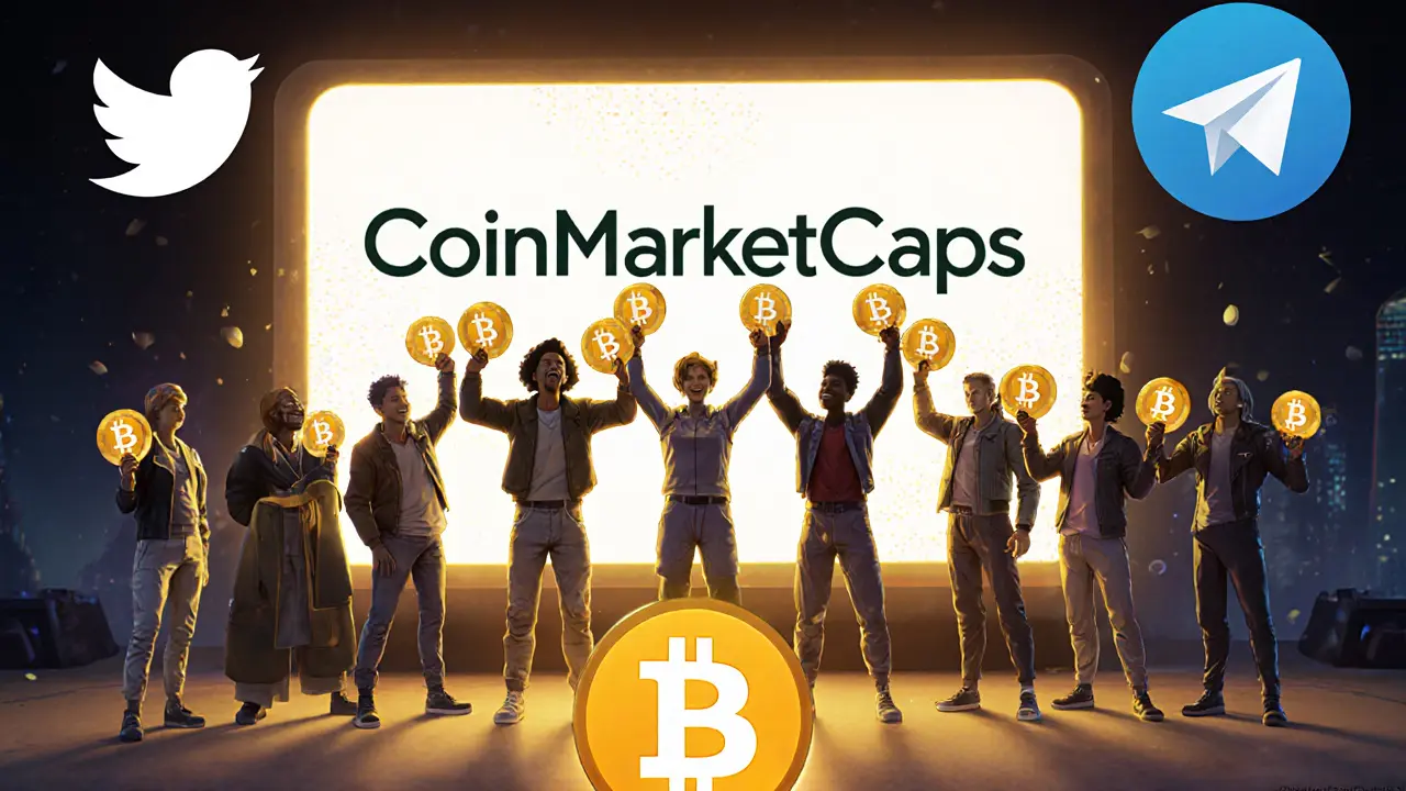 Diverse characters holding LNR NFTs proudly in front of a CoinMarketCap screen with Twitter and Telegram logos floating nearby.