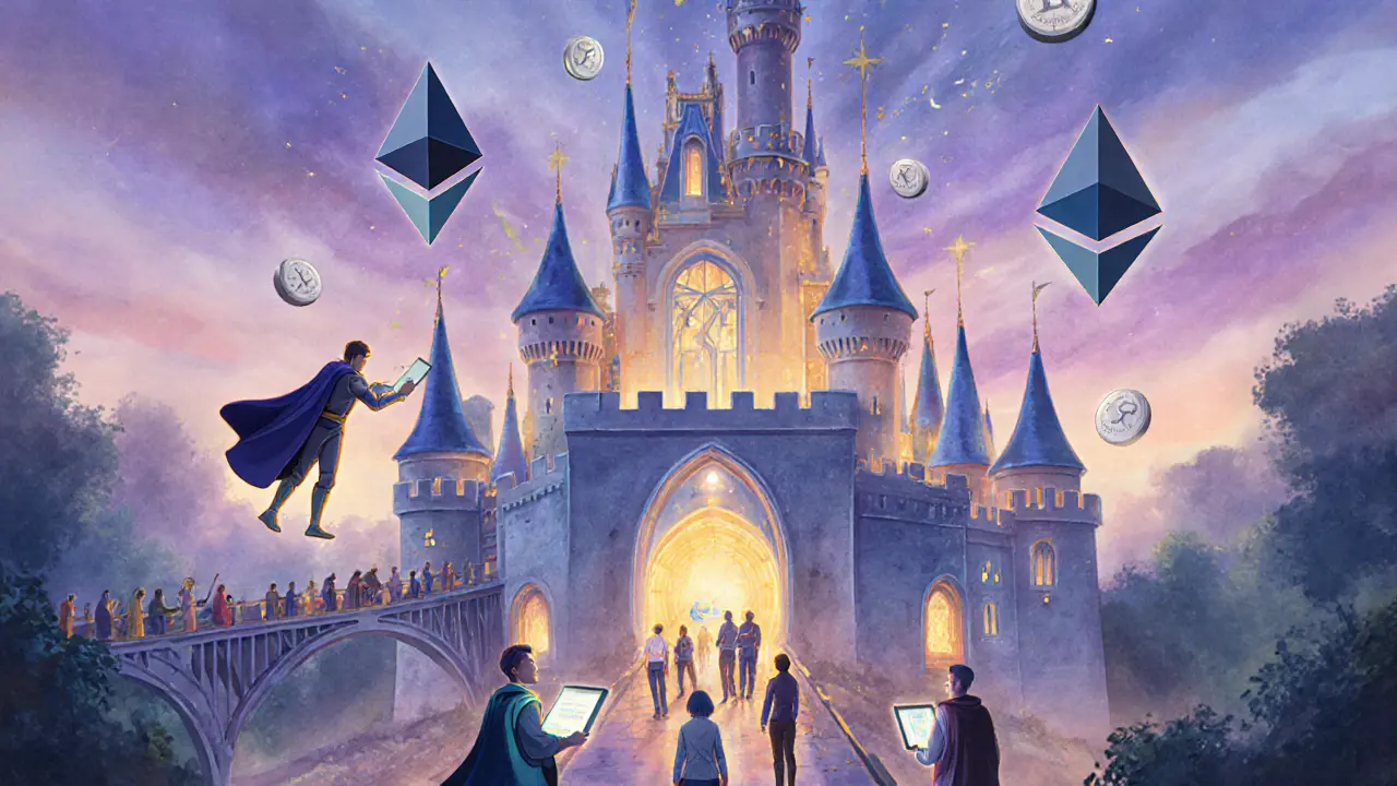 Ethereum as a glowing castle with developers and validators, connected by Layer 2 bridges.