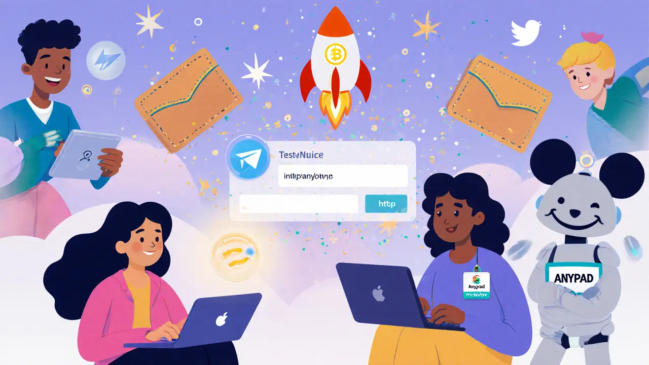 Friendly characters connecting wallets and joining social channels on a rainbow rocket testnet interface.