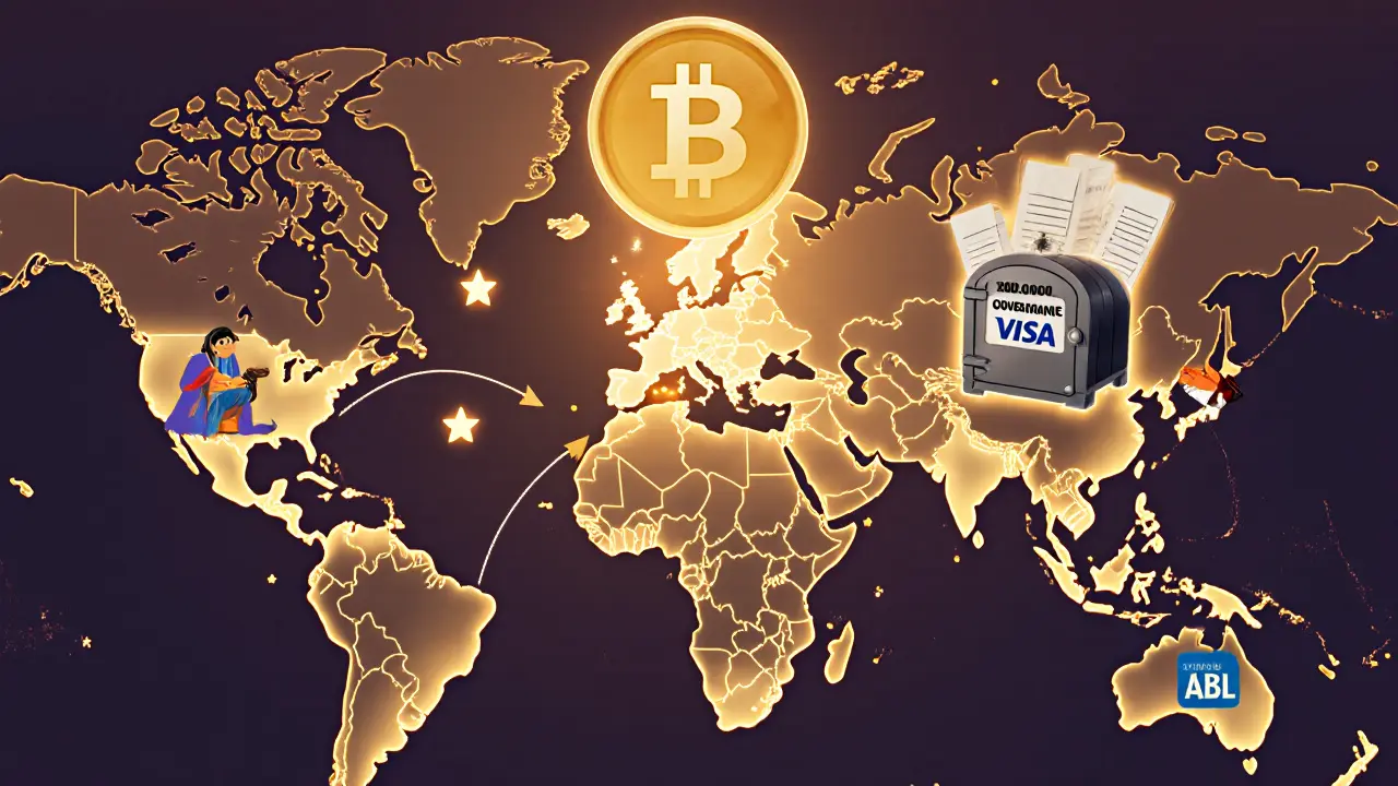 Global map with Metal Pay money flows and a glowing MTL token above, showing cross-border payments and stablecoin governance.