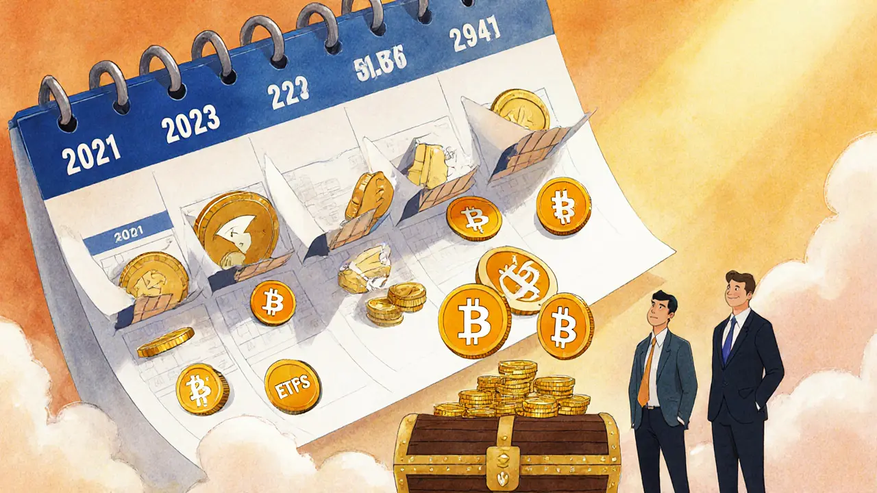 Institutional investors dropping coins into a treasure chest as crypto prices collapse around them.
