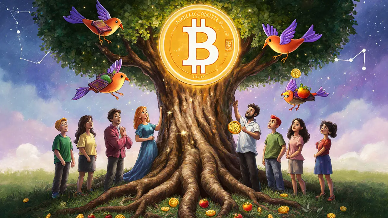 People gathered around a glowing WLBO token tree as Lamborghini birds deliver prizes and burned tokens nourish the roots.