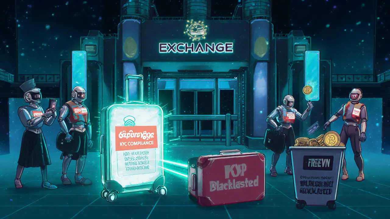 Robotic guards at a crypto exchange scanning a traveler&#039;s VPN suitcase with X-ray beams.