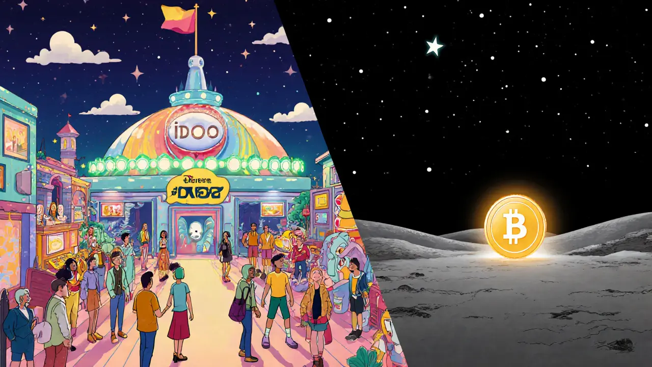 Split scene: lively IDO hub vs. empty wasteland with a single glowing DAISY token.