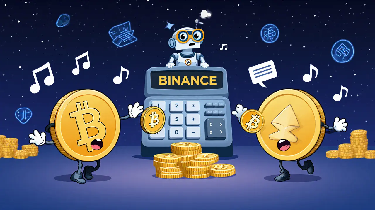 Three animated crypto coins passing coins in a loop, with a bot watching from a control panel.