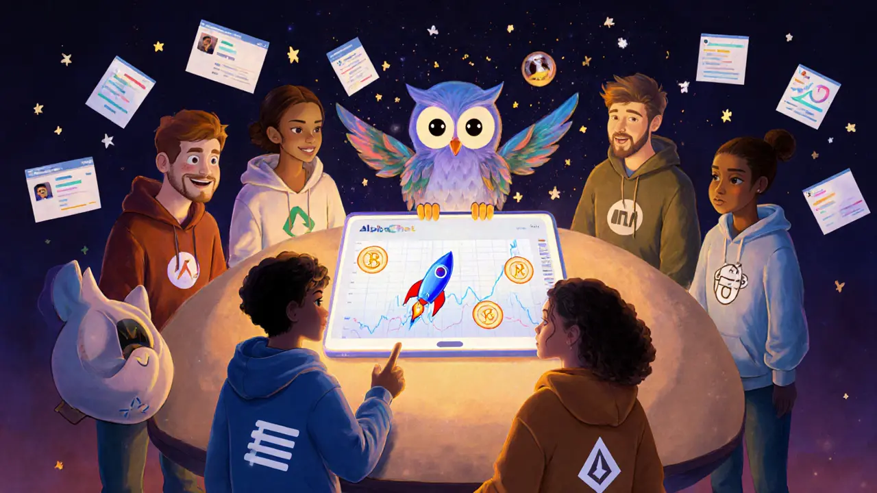 Traders gathered around a glowing tablet as an owl-like AI points to a rocket-shaped token chart.