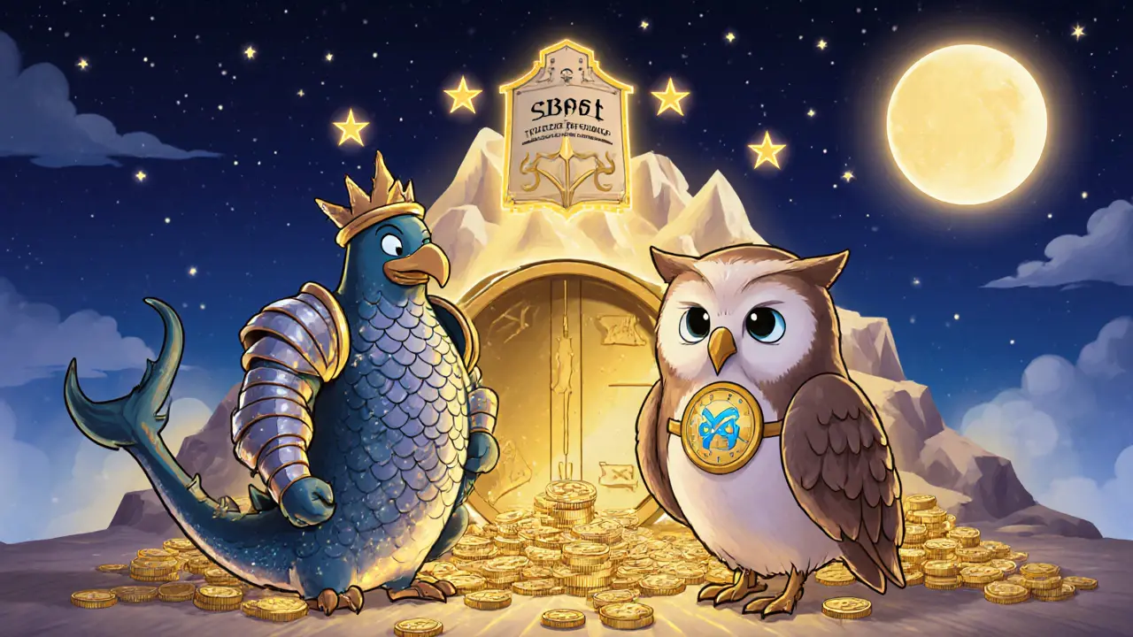 Two noble guardians, Kraken and Gemini, protecting a glowing crypto vault with proof-of-reserves scrolls.