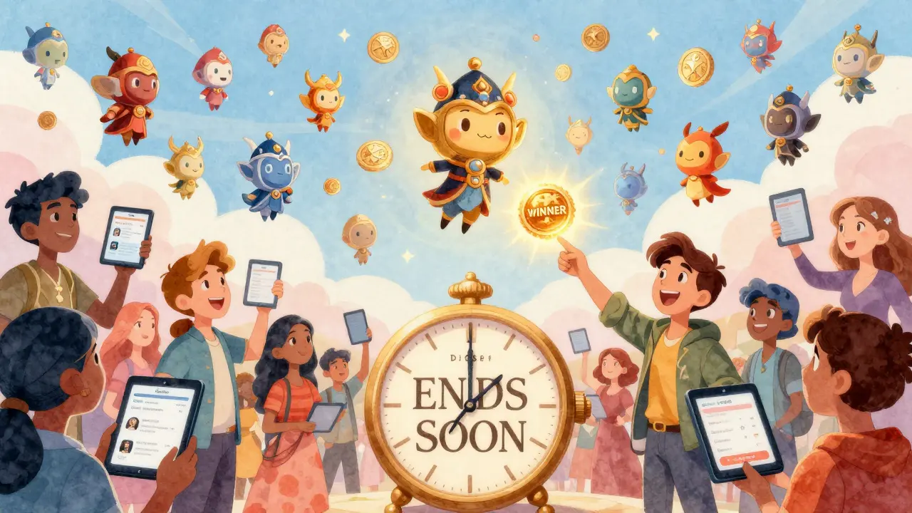 500 floating NFTs in a sky marketplace as diverse characters celebrate winning on CoinMarketCap's airdrop page.