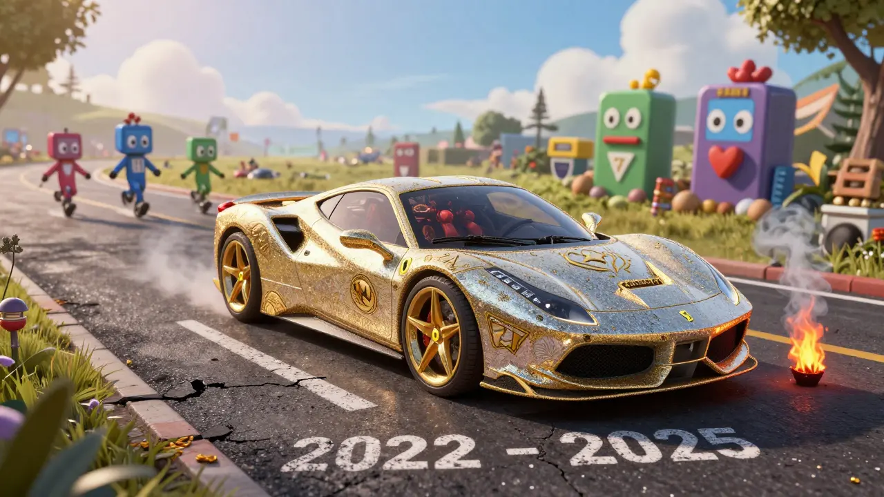 A beautiful but fuel-less Ferrari made of MTK tokens, symbolizing a dead crypto project.