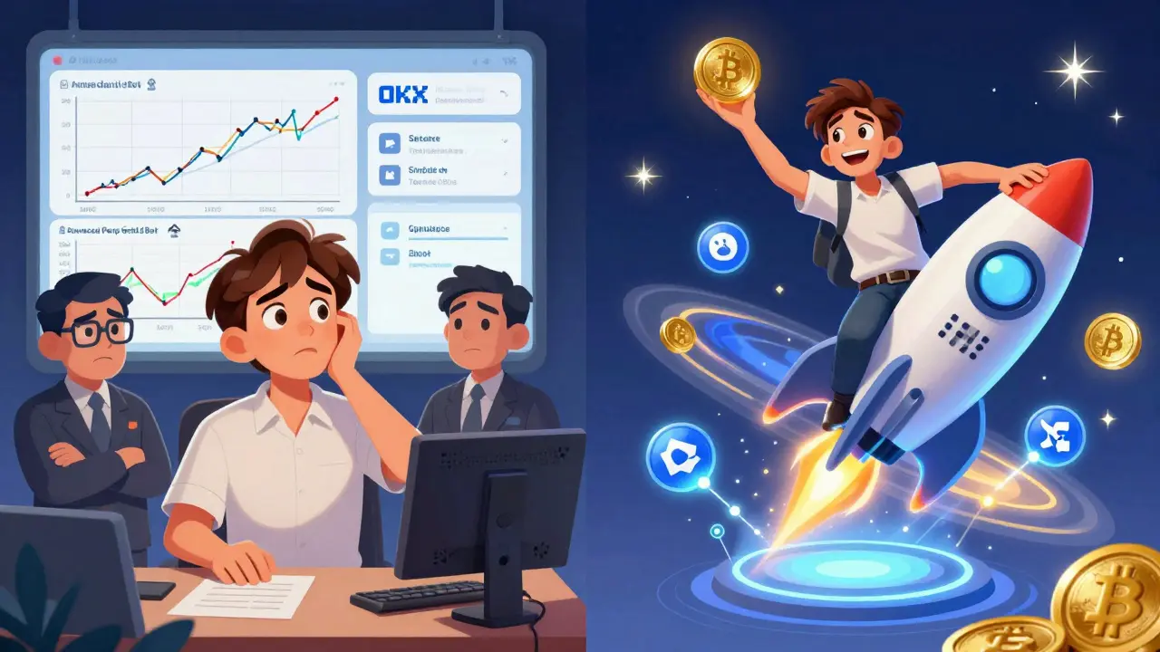 A before-and-after trader journey: confused beginner vs. empowered user riding a crypto rocket with DeFi stars.