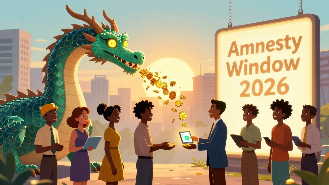 A blockchain dragon delivering tax coins to Nigerians through a licensed exchange, as a golden amnesty window glows in the distance.