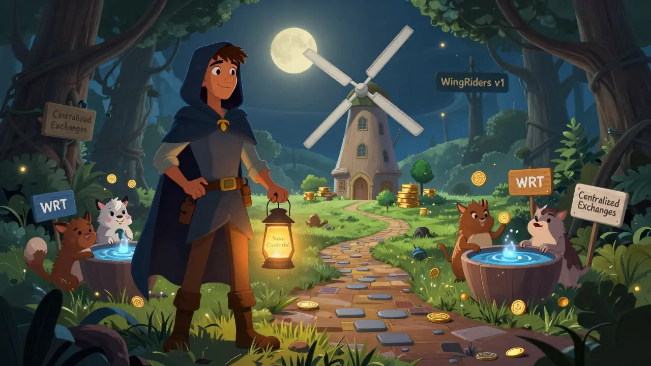 A brave explorer with a non-custodial lantern entering a bright DeFi meadow from a dark forest.