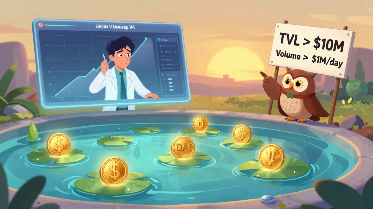 A calm stablecoin pond with glowing coins, guided by a wise owl pointing to safety metrics on a floating sign.