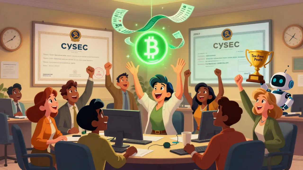 A cheerful crypto team celebrates bank approval with a CySEC license and floating transaction ribbons.