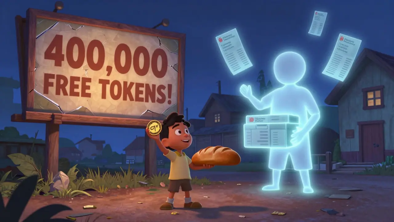 A child holds a worthless token beside real food, with a legitimate charity delivering aid in the background.